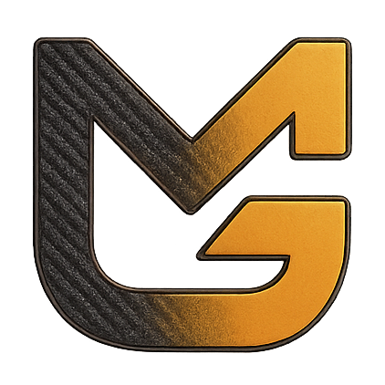 Logo with a black and gold 'MG' design on a white background